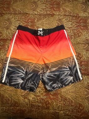 wonder nation Red and Orange Gradient Swim Shorts with Navy Floral Hem